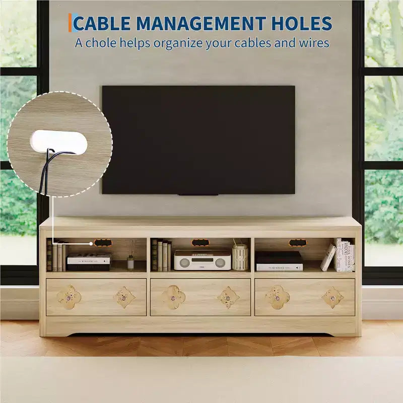 Meuble TV Garvee 70 pouces, meuble de divertissement moderne du milieu du siècle avec tiroir sculpté de rangement, console TV, meuble multimédia pour salon, chambre à coucher