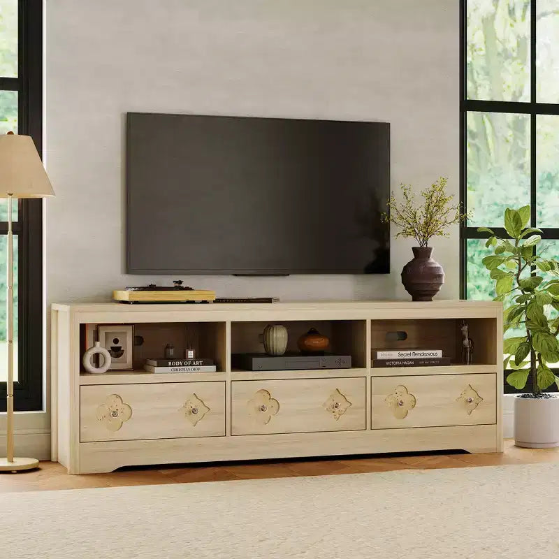 Meuble TV Garvee 70 pouces, meuble de divertissement moderne du milieu du siècle avec tiroir sculpté de rangement, console TV, meuble multimédia pour salon, chambre à coucher