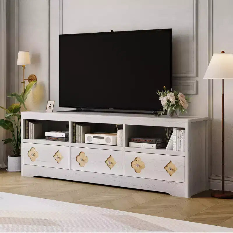 Meuble TV Garvee 70 pouces, meuble de divertissement moderne du milieu du siècle avec tiroir sculpté de rangement, console TV, meuble multimédia pour salon, chambre à coucher