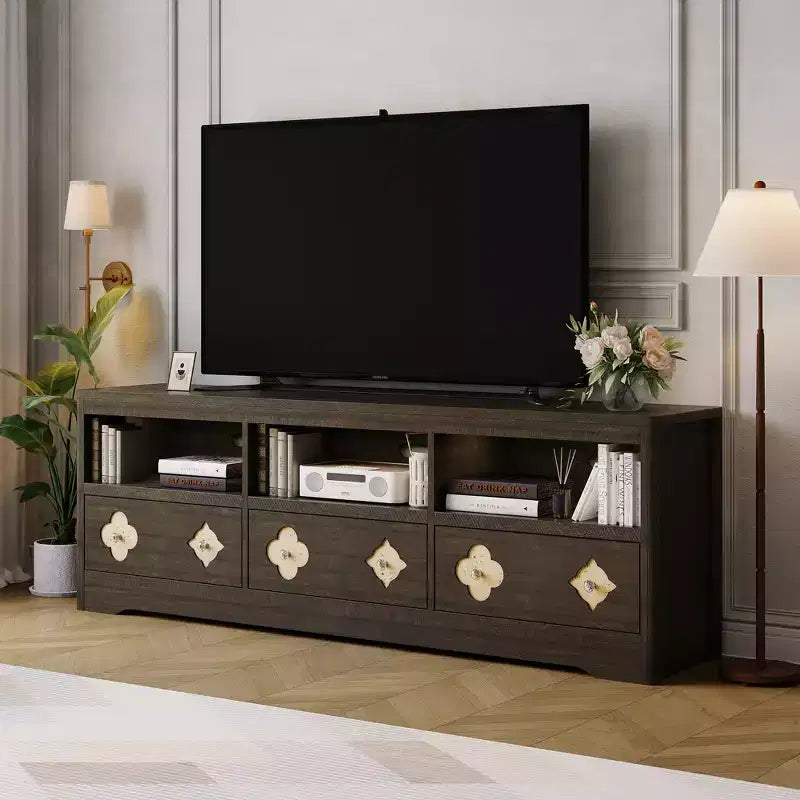 Meuble TV Garvee 70 pouces, meuble de divertissement moderne du milieu du siècle avec tiroir sculpté de rangement, console TV, meuble multimédia pour salon, chambre à coucher
