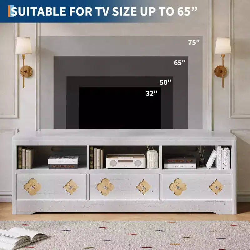 Meuble TV Garvee 70 pouces, meuble de divertissement moderne du milieu du siècle avec tiroir sculpté de rangement, console TV, meuble multimédia pour salon, chambre à coucher