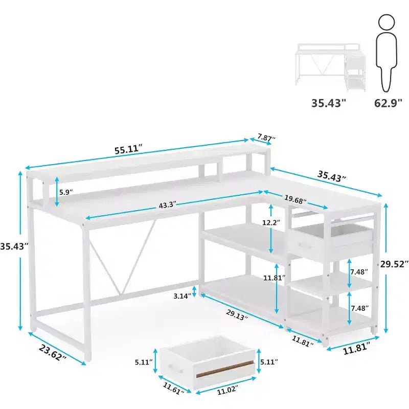 Bureau d'angle réversible Lantine 55 pouces avec tiroir, bureau d'angle blanc moderne avec étagères de rangement et support d'écran pour bureau à domicile, petits espaces