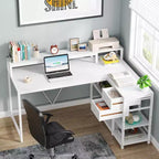 Bureau d'angle réversible Lantine 55 pouces avec tiroir, bureau d'angle blanc moderne avec étagères de rangement et support d'écran pour bureau à domicile, petits espaces