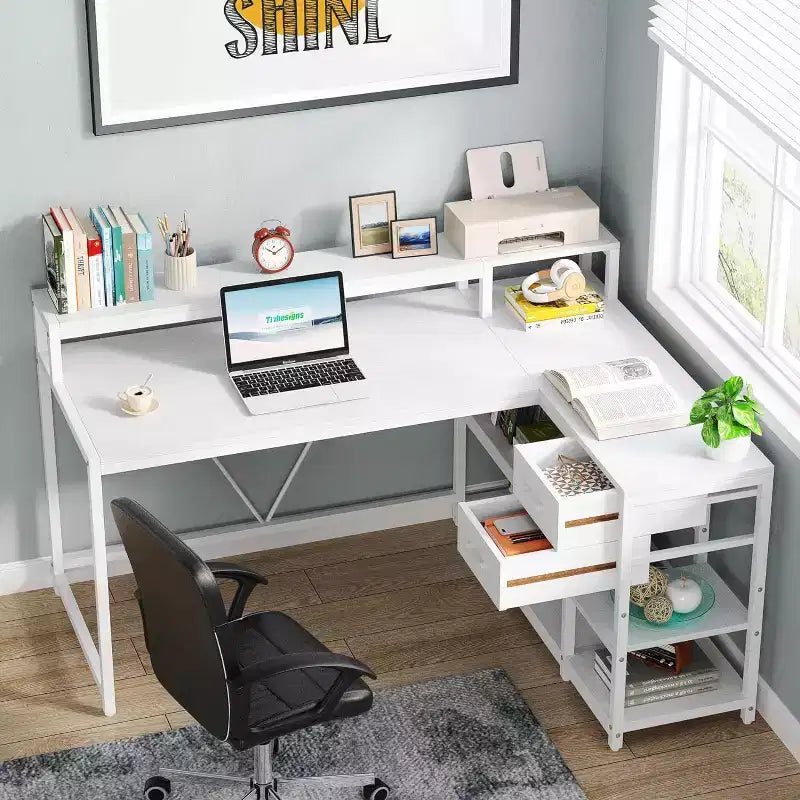 Bureau d'angle réversible Lantine 55 pouces avec tiroir, bureau d'angle blanc moderne avec étagères de rangement et support d'écran pour bureau à domicile, petits espaces