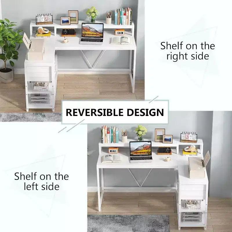 Bureau d'angle réversible Lantine 55 pouces avec tiroir, bureau d'angle blanc moderne avec étagères de rangement et support d'écran pour bureau à domicile, petits espaces