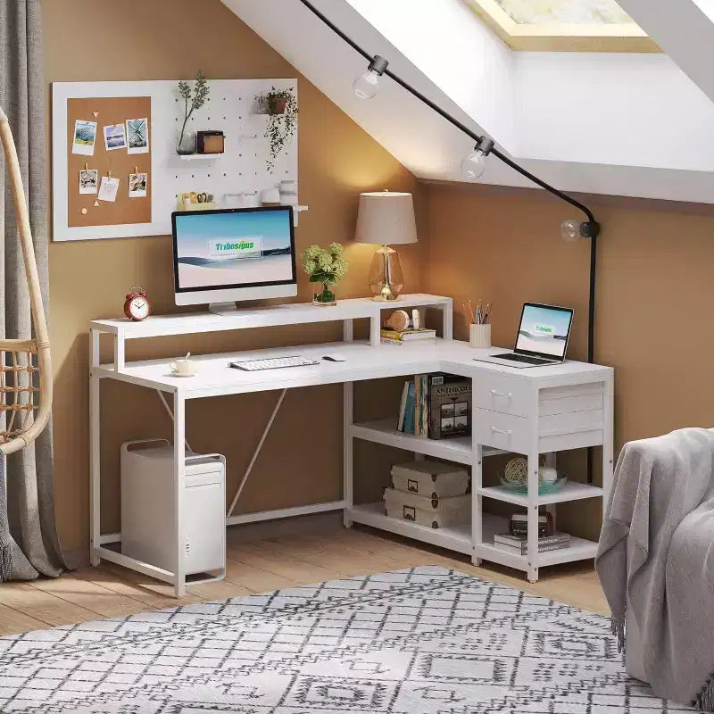 Bureau d'angle réversible Lantine 55 pouces avec tiroir, bureau d'angle blanc moderne avec étagères de rangement et support d'écran pour bureau à domicile, petits espaces