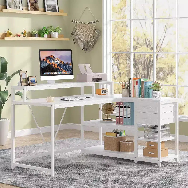 Bureau d'angle réversible Lantine 55 pouces avec tiroir, bureau d'angle blanc moderne avec étagères de rangement et support d'écran pour bureau à domicile, petits espaces