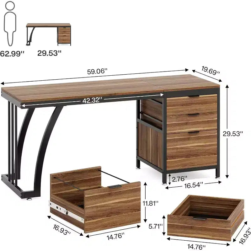 Bureau d'ordinateur Lantine de 150 cm avec 3 tiroirs, bureau PC avec tiroirs réversibles et rangement pour dossiers pour bureau à domicile, noyer industriel