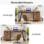 Bureau d'ordinateur Lantine de 150 cm avec 3 tiroirs, bureau PC avec tiroirs réversibles et rangement pour dossiers pour bureau à domicile, noyer industriel