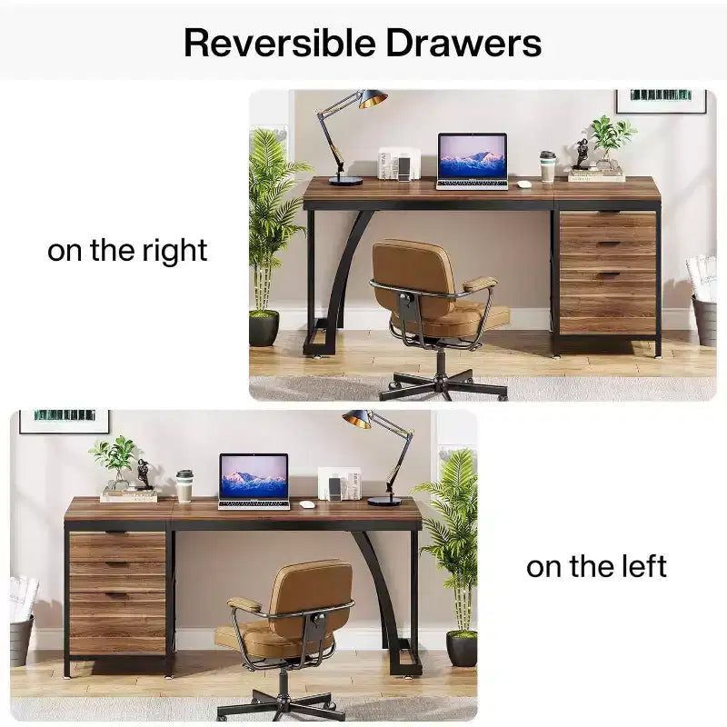 Bureau d'ordinateur Lantine de 150 cm avec 3 tiroirs, bureau PC avec tiroirs réversibles et rangement pour dossiers pour bureau à domicile, noyer industriel