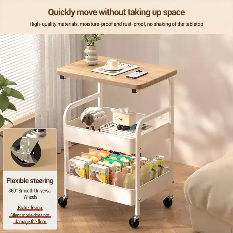 Chariot de rangement roulant à 3 niveaux avec plateau plat, desserte utilitaire en métal robuste avec roulettes verrouillables pour la cuisine, le bureau, le dortoir et le salon, blanc