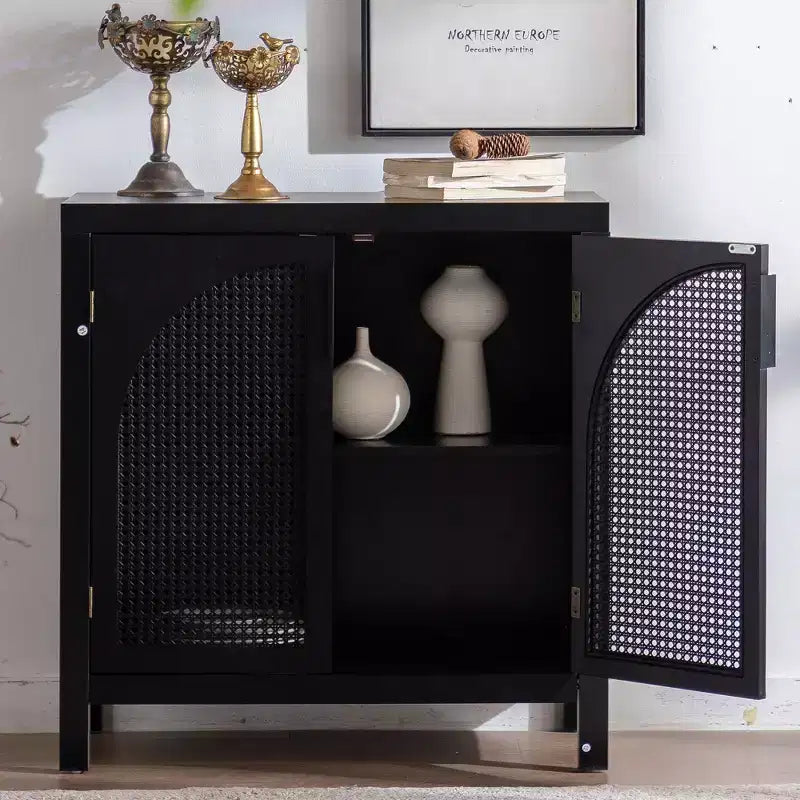 Meuble d'appoint avec portes, buffet en rotin avec rangement, étagère réglable, crédence étroite de 73,6 cm