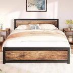 Cadre de lit Queen Size, plateforme de lit queen industrielle avec tête de lit, sommier facile à monter en marron rétro, pas besoin de sommier tapissier