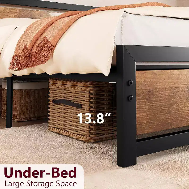 Cadre de lit Queen Size, plateforme de lit queen industrielle avec tête de lit, sommier facile à monter en marron rétro, pas besoin de sommier tapissier