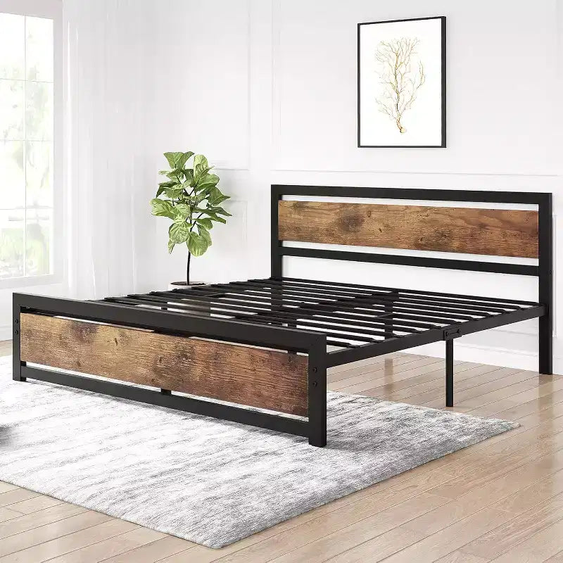 Cadre de lit Queen Size, plateforme de lit queen industrielle avec tête de lit, sommier facile à monter en marron rétro, pas besoin de sommier tapissier