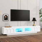 Meuble TV blanc MAYEERTY avec portes en verre cannelé, console multimédia LED APP pour téléviseurs 95 pouces