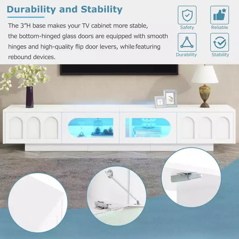 Meuble TV blanc MAYEERTY avec portes en verre cannelé, console multimédia LED APP pour téléviseurs 95 pouces
