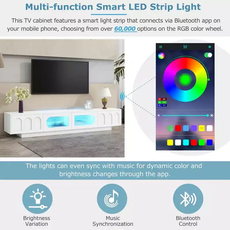 Meuble TV blanc MAYEERTY avec portes en verre cannelé, console multimédia LED APP pour téléviseurs 95 pouces