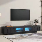 Meuble TV blanc MAYEERTY avec portes en verre cannelé, console multimédia LED APP pour téléviseurs 95 pouces