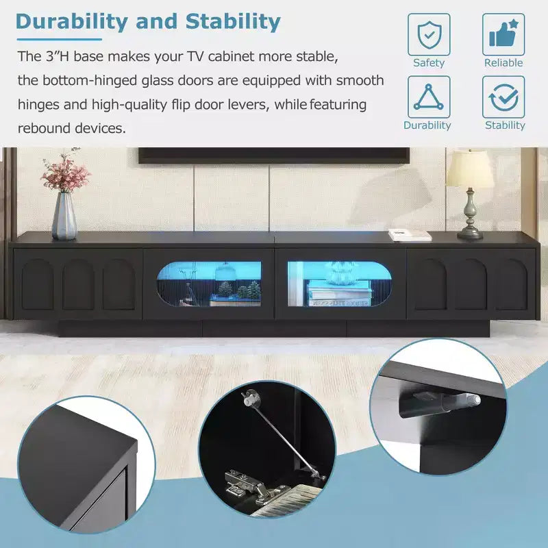 Meuble TV blanc MAYEERTY avec portes en verre cannelé, console multimédia LED APP pour téléviseurs 95 pouces