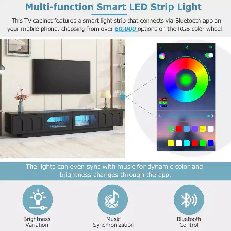 Meuble TV blanc MAYEERTY avec portes en verre cannelé, console multimédia LED APP pour téléviseurs 95 pouces