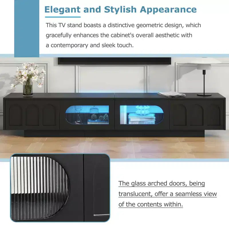 Meuble TV blanc MAYEERTY avec portes en verre cannelé, console multimédia LED APP pour téléviseurs 95 pouces