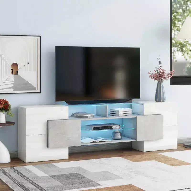 Meuble TV MAYEERTY gris de forme unique, console multimédia avec étagère en verre éclairée par LED pour téléviseurs 88 pouces