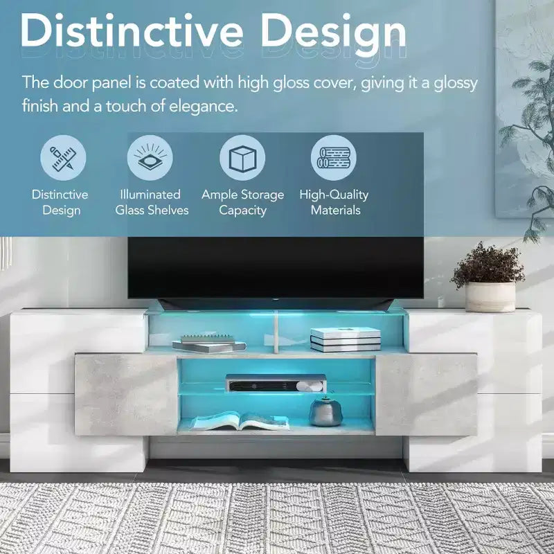 Meuble TV MAYEERTY gris de forme unique, console multimédia avec étagère en verre éclairée par LED pour téléviseurs 88 pouces