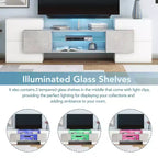 Meuble TV MAYEERTY gris de forme unique, console multimédia avec étagère en verre éclairée par LED pour téléviseurs 88 pouces