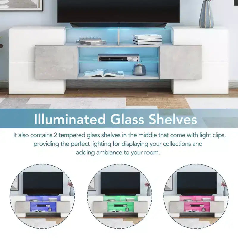 Meuble TV MAYEERTY gris de forme unique, console multimédia avec étagère en verre éclairée par LED pour téléviseurs 88 pouces
