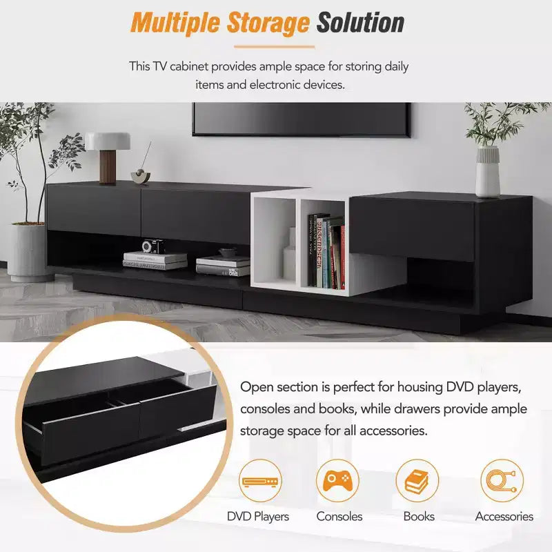 Meuble TV deux tons noir MAYEERTY, console multimédia élégante avec rangement pour téléviseurs de 80 pouces