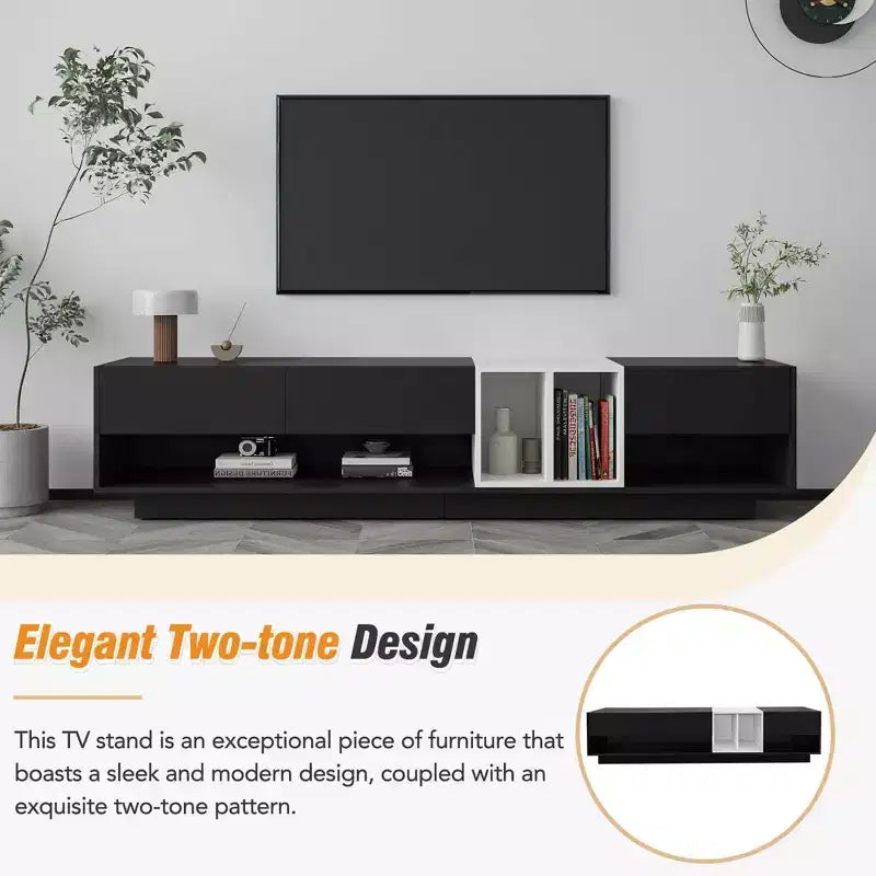 Meuble TV deux tons noir MAYEERTY, console multimédia élégante avec rangement pour téléviseurs de 80 pouces