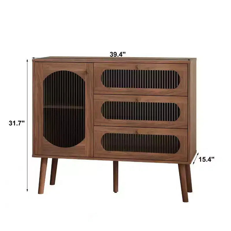 Un meuble de rangement décoratif à trois tiroirs et portes, un meuble de rangement en bois avec étagères, adapté aux salons et aux entrées