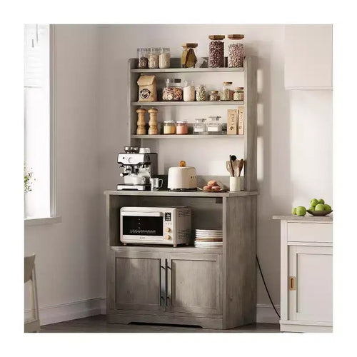 Meuble de cuisine de 158,75 cm de hauteur, Support compact pour four à micro-ondes, Armoire et étagères ouvertes, Station de café en bois pour salle à manger, salon