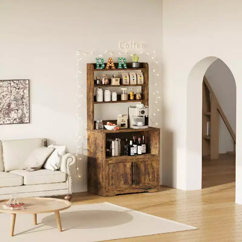 Meuble de cuisine de 158,75 cm de hauteur, Support compact pour four à micro-ondes, Armoire et étagères ouvertes, Station de café en bois pour salle à manger, salon