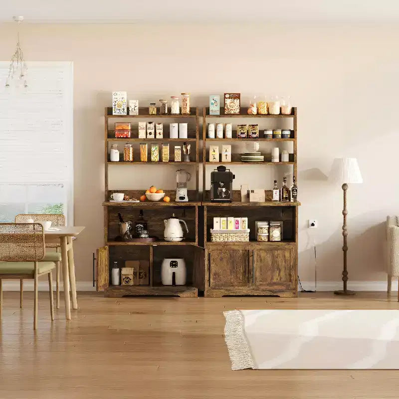 Meuble de cuisine de 158,75 cm de hauteur, Support compact pour four à micro-ondes, Armoire et étagères ouvertes, Station de café en bois pour salle à manger, salon