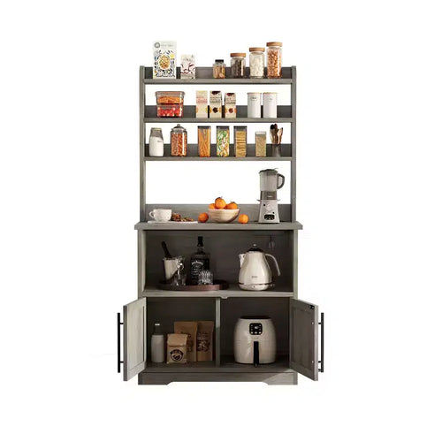 62.5'' Tall Bakers Rack, Compact Microwave Oven Stand, Cabinet & Open Shelves, Wood Coffee Bar Station for Dining Room, Living Room