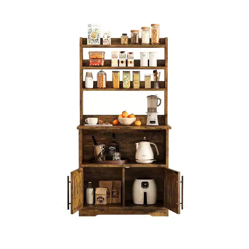 Meuble de cuisine de 158,75 cm de hauteur, Support compact pour four à micro-ondes, Armoire et étagères ouvertes, Station de café en bois pour salle à manger, salon