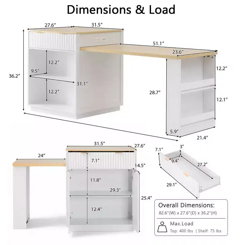 Îlot de cuisine moderne avec table à manger extensible pour 24, îlot de cuisine compact avec rangement pour cuisine ou salle à manger - Panipeachy