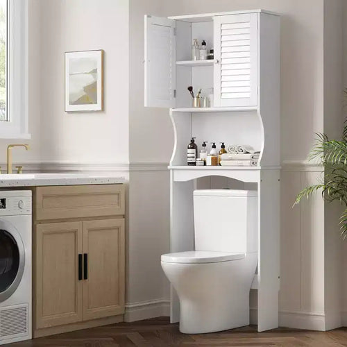 Acekool Over The Toilet Bathroom Cabinet, Adjustable Shelf, Louvered Doors, Anti-Tip, Water-Resistant, White, for Small Bathrooms