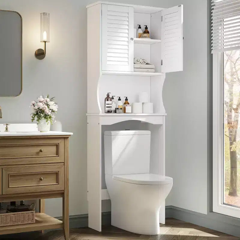 Meuble WC Acekool, étagère réglable, portes persiennes, anti-basculement, résistant à l'eau, blanc, pour petites salles de bains