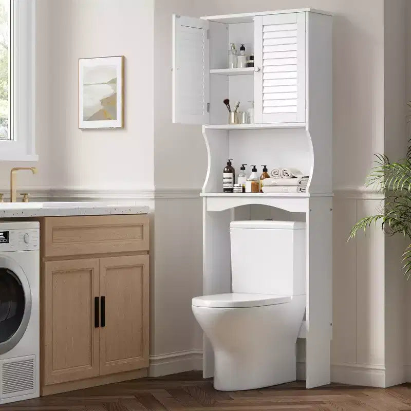 Meuble WC Acekool, étagère réglable, portes persiennes, anti-basculement, résistant à l'eau, blanc, pour petites salles de bains