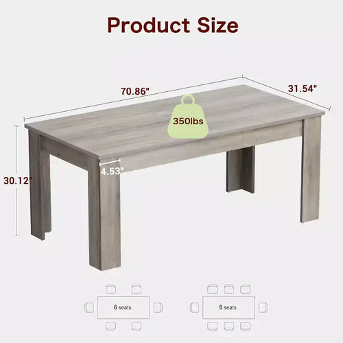 71 Grande table à manger pour 6-8 personnes, Grande table de cuisine rectangulaire de style rustique, Bois, Cadre épais et pieds triangulaires robustes, Base à lattes de bois