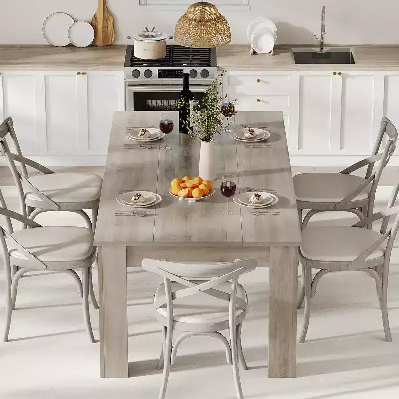 71 Grande table à manger pour 6-8 personnes, Grande table de cuisine rectangulaire de style rustique, Bois, Cadre épais et pieds triangulaires robustes, Base à lattes de bois