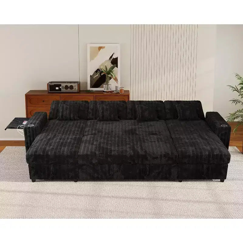 Canapé convertible d'angle MooxvMoo 122 avec rangement, table d'appoint, ports USB et porte-gobelets Jet, avec lit gigogne et dossier réglable