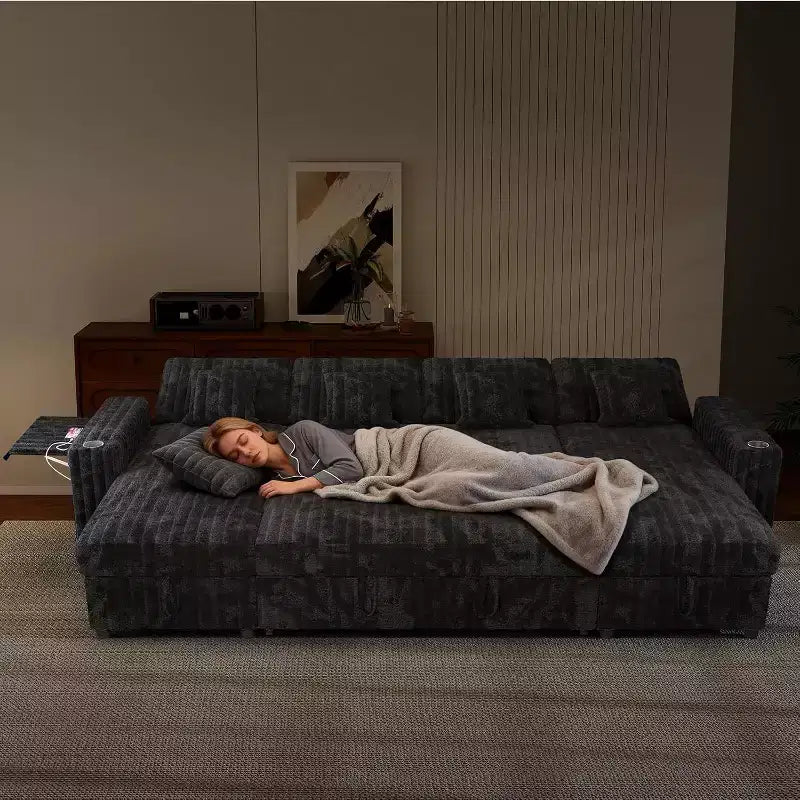 Canapé convertible d'angle MooxvMoo 122 avec rangement, table d'appoint, ports USB et porte-gobelets Jet, avec lit gigogne et dossier réglable