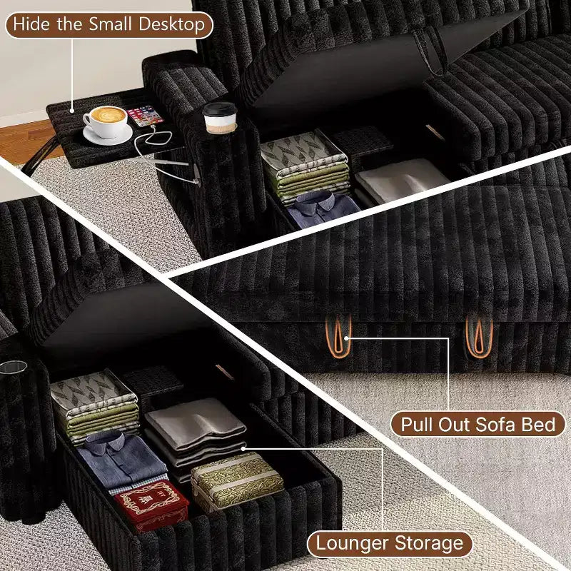 Canapé convertible d'angle MooxvMoo 122 avec rangement, table d'appoint, ports USB et porte-gobelets Jet, avec lit gigogne et dossier réglable