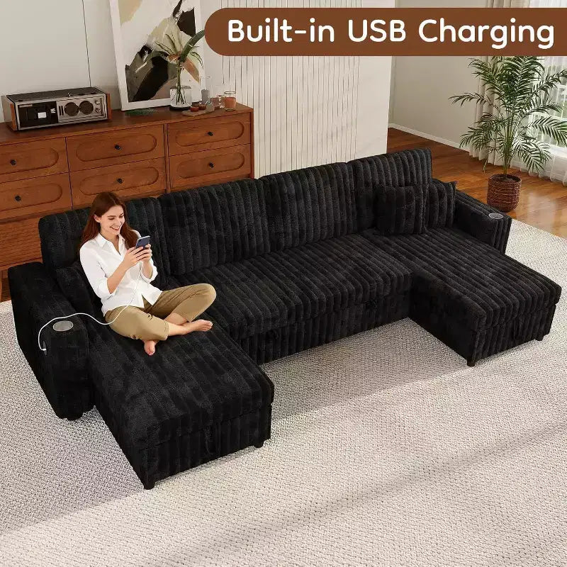Canapé convertible d'angle MooxvMoo 122 avec rangement, table d'appoint, ports USB et porte-gobelets Jet, avec lit gigogne et dossier réglable