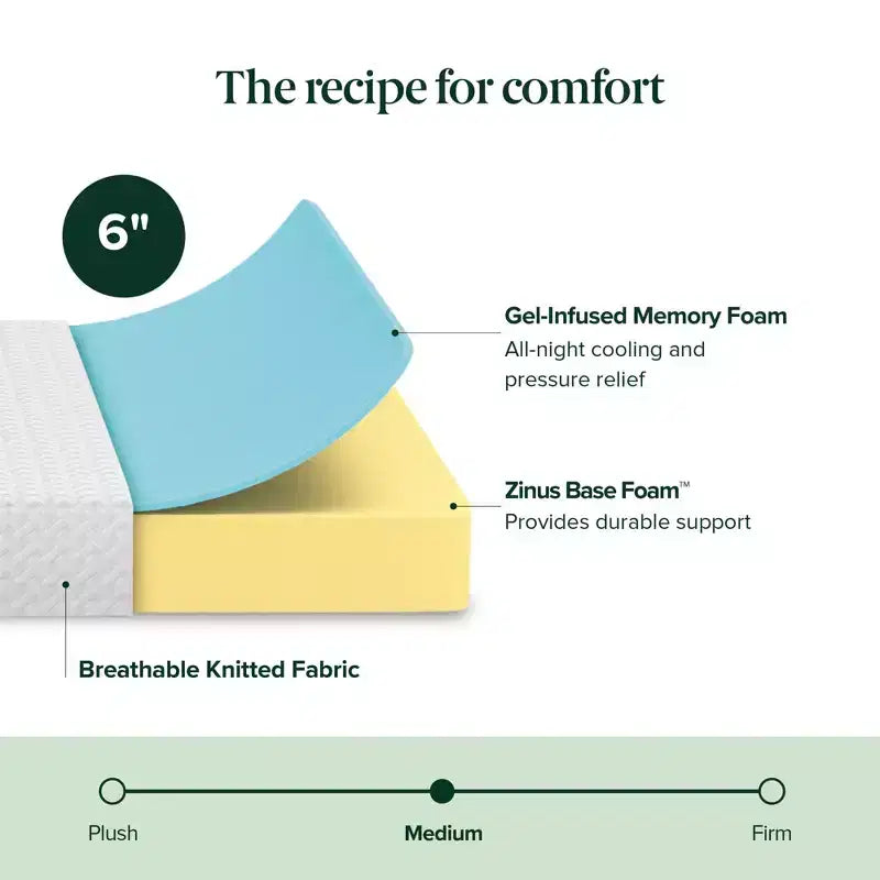 Matelas en mousse à mémoire de forme essentiel ZINUS 6 Twin Cooling, sans fibre de verre, fermeté moyenne, couches rafraîchissantes et respirantes, matériaux certifiés sûrs