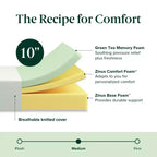 Matelas en mousse à mémoire de forme au thé vert Zinus 25 cm, une place, sans fibre de verre, fermeté moyenne, zones de soulagement de la pression, mousses et tissu certifiés sûrs